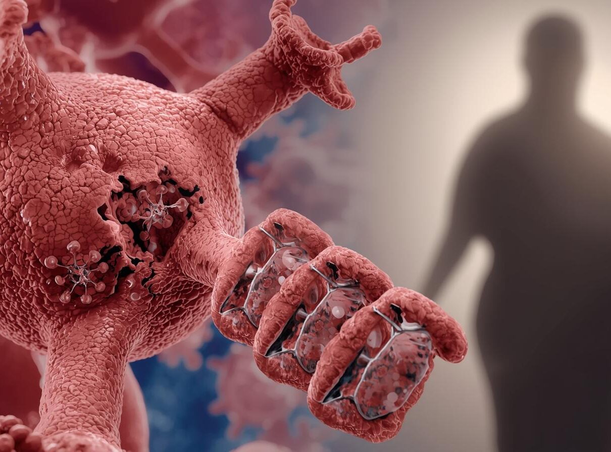 mitokondri telomerler ve arka planda obez insan silüeti