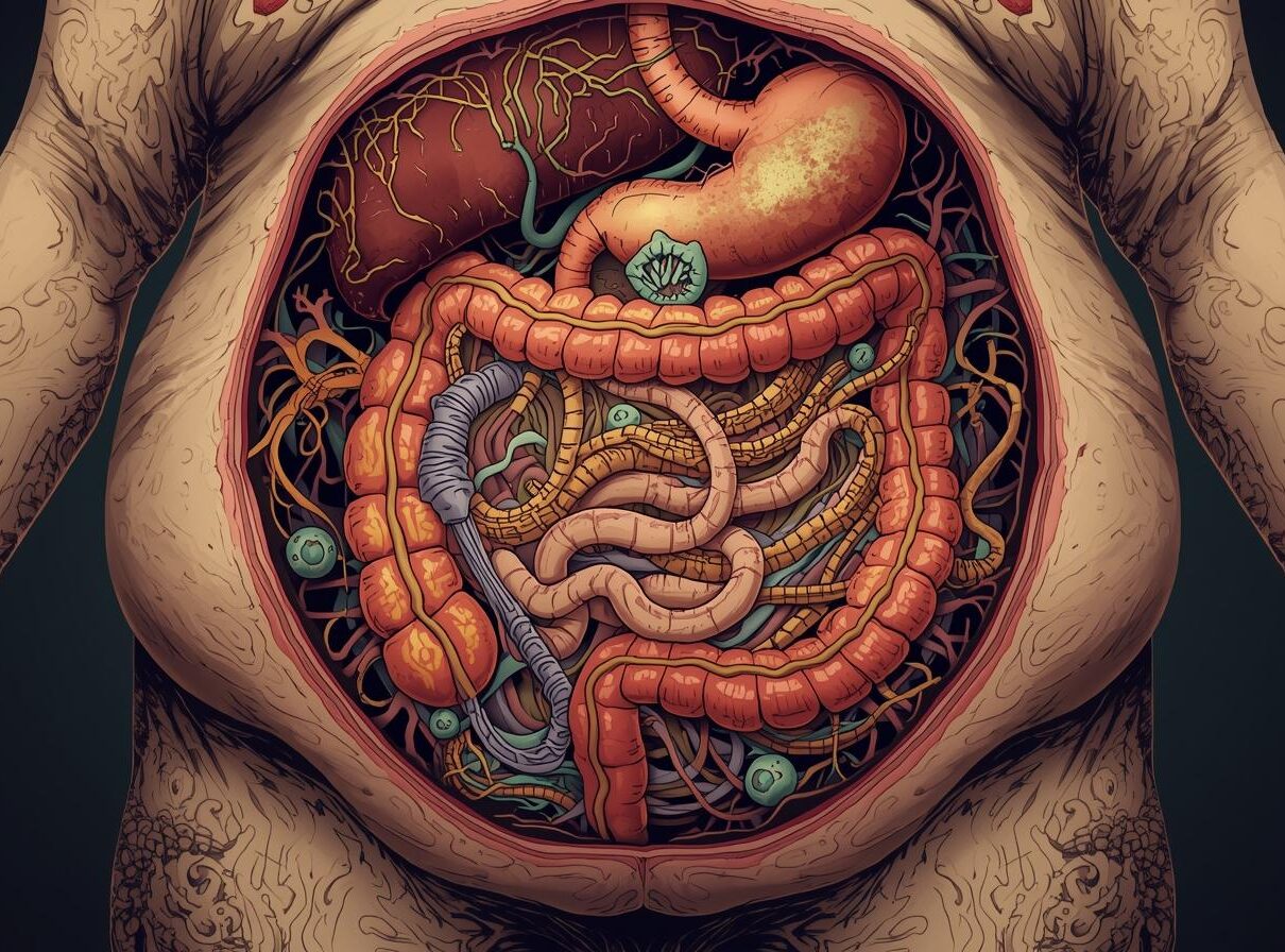 obez bir insan vücudu organlar bağırsaklar hücreler bağlantılar sürreal