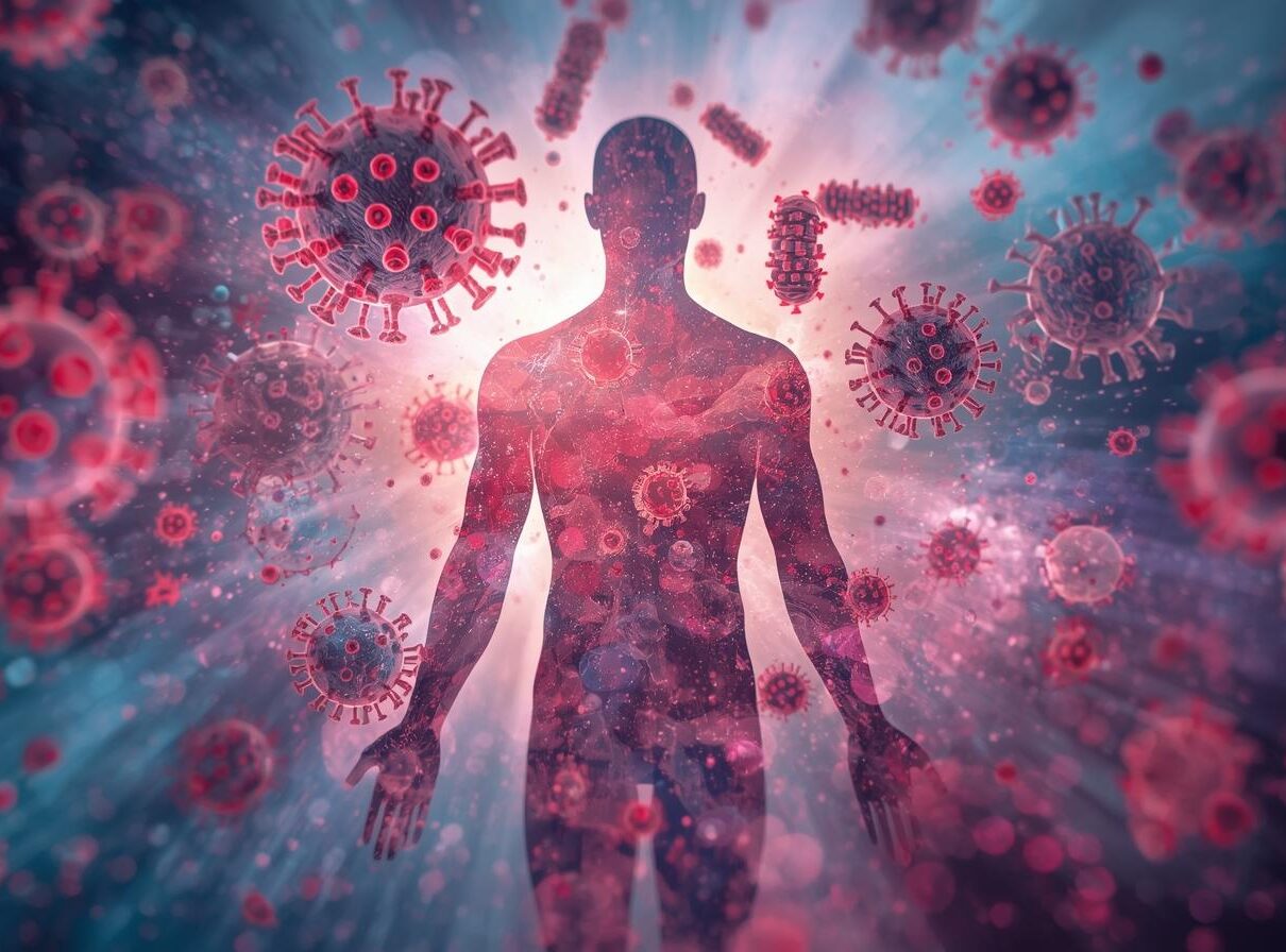 virüsler mikroplar arka planda insan vücudu silüet sürreal